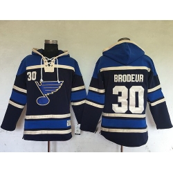 Men St.Louis Blues 30 Martin Brodeur Navy Blue Sawyer Hooded Sweatshirt Stitched NHL Jersey