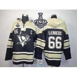 Men Pittsburgh Penguins 66 Mario Lemieux Black Sawyer Hooded Sweatshirt 2017 Stanley Cup Final Patch Stitched NHL Jersey