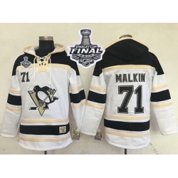 Men Pittsburgh Penguins 71 Evgeni Malkin White Sawyer Hooded Sweatshirt 2017 Stanley Cup Final Patch Stitched NHL Jersey