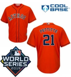 Mens Majestic Houston Astros 21 Andy Pettitte Replica Orange Alternate Cool Base Sitched 2019 World Series Patch Jersey