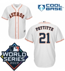 Mens Majestic Houston Astros 21 Andy Pettitte Replica White Home Cool Base Sitched 2019 World Series Patch Jersey