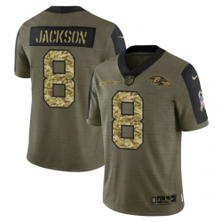 Men Baltimore Ravens 8 Lamar Jackson 2021 Salute To Service Olive Camo Limited Stitched Jersey