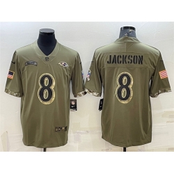 Men Baltimore Ravens 8 Lamar Jackson Olive 2022 Salute To Service Limited Stitched Jersey