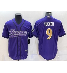 Men Baltimore Ravens 9 Justin Tucker Purple Gold With Patch Cool Base Stitched Baseball Jersey