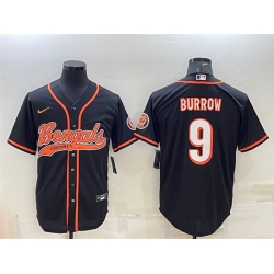 Men Cincinnati Bengals 9 Joe Burrow Black With Patch Cool Base Stitched Baseball Jersey