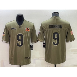 Men Cincinnati Bengals 9 Joe Burrow Olive 2022 Salute To Service Limited Stitched Jersey