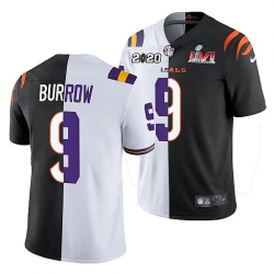 Men Cincinnati Bengals X LSU Tigers 9 Joe Burrow 2022 White Black Split Super Bowl LVI Stitched Jerse