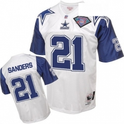 Mitchell and Ness Dallas Cowboys 21 Deion Sanders Authentic White 75TH Patch Throwback NFL Jersey