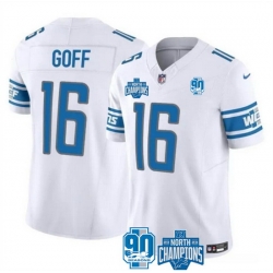 Men Detroit Lions 16 Jared Goff White 2023 F U S E  90th Anniversary NFC North Division Champions Vapor Untouchable Limited Stitched Jersey