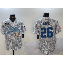 Men Detroit Lions 26 Jahmyr Gibbs 2024 Arctic Camo Salute To Service Stitched Baseball Jersey 2