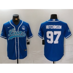 Men Detroit Lions 97 Aidan Hutchinson Blue With 90th Anniversary Patch Cool Base Stitched Baseball Jersey