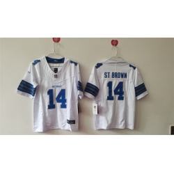 Women Detroit Lions 14 Amon Ra St  Brown White 2024 F U S E  Vapor Limited Stitched Jersey 28Run Smaller 29