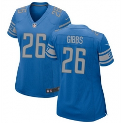 Women Detroit Lions 26 Jahmyr Gibbs Blue 2023 Draft Stitched Game Jersey 28Run Smaller 29