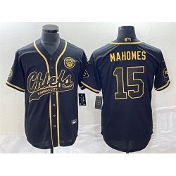 Men Kansas City Chiefs 15 Patrick Mahomes Black Gold Cool Bae Stitched Baseball Jersey