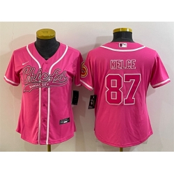 Women Kansas City Chiefs 87 Travis Kelce Pink With Patch Cool Base Stitched Baseball Jersey