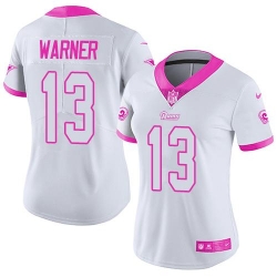 Nike Rams #13 Kurt Warner White Pink Womens Stitched NFL Limited Rush Fashion Jersey