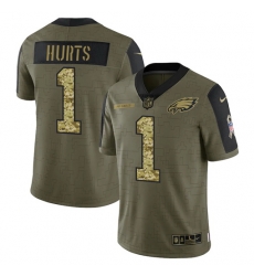 Men Philadelphia Eagles 1 Jalen Hurts 2021 Salute To Service Olive Camo Limited Stitched Jersey