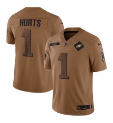 Men Philadelphia Eagles 1 Jalen Hurts 2023 Brown Salute To Service Limited Stitched Football Jersey