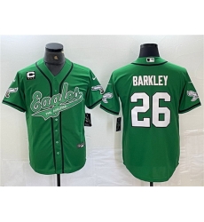 Men Philadelphia Eagles 26 Saquon Barkley Green With 3 star C Patch Cool Base Baseball Stitched Jersey