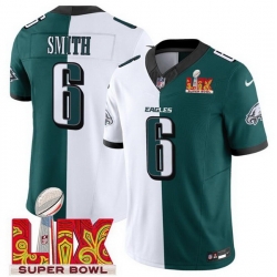 Men Philadelphia Eagles 6 DeVonta Smith White Green Split 2025 Super Bowl LIX Patch F U S E  Vapor Untouchable Limited Stitched Football Jersey