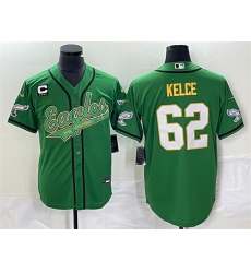 Men Philadelphia Eagles 62 Jason Kelce Green Gold With C Patch Cool Base Stitched Baseball Jersey