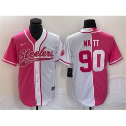 Men Pittsburgh Steelers 90 T J  Watt White Pink Split Cool Base Stitched Baseball Jersey