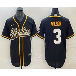 Mens Pittsburgh Steelers 3 Russell Wilson Black With Patch Cool Base Stitched Baseball Jersey