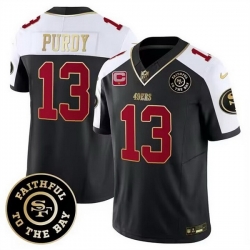 Men San Francisco 49ers 13 Brock Purdy White Balck 2023 F U S E  With 1 Star C Patch And Faithful To The Bay Patch Stitched Football Jersey