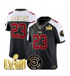 Men San Francisco 49ers 23 Christian McCaffrey Black White 2024 F U S E  Super Bowl LVIII Patch Alternate Vapor Limited Stitched Football Jersey