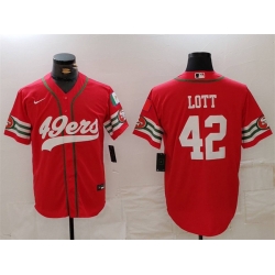 Men San Francisco 49ers 42 Ronnie Lott Red With Patch Cool Base Stitched Baseball Jersey