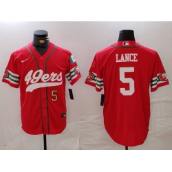 Men San Francisco 49ers 5 Trey Lance Red With Patch Cool Base Stitched Baseball Jersey 2