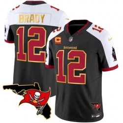 Men Tampa Bay Buccaneers 12 Tom Brady Black White F U S E  With 4 Star C Ptach And Florida Patch Gold Trim Vapor Stitched Jersey