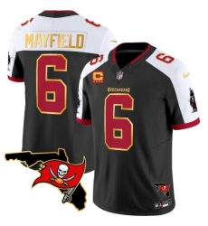 Men Tampa Bay Buccaneers 6 Baker Mayfield Black White F U S E  With 4 Star C Ptach And Florida Patch Gold Trim Vapor Stitched Jersey