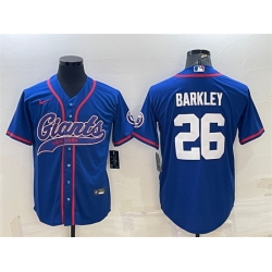 Men New York Giants 26 Saquon Barkley Blue With Patch Cool Base Stitched Baseball Jersey