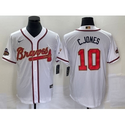 Men Atlanta Braves 10 Chipper Jones 2022 White Gold World Series Champions Program Cool Base Stitched Baseball Jersey