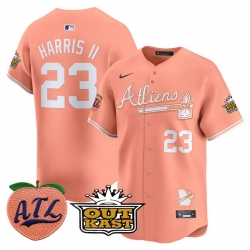 Men Atlanta Braves 23 Michael Harris II Peach 2024 Atliens  26 Peach With Outkast Patch Vapor Limited Stitched Baseball Jersey