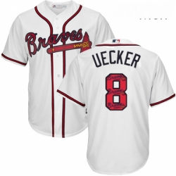 Mens Majestic Atlanta Braves 8 Bob Uecker Authentic White Team Logo Fashion Cool Base MLB Jersey