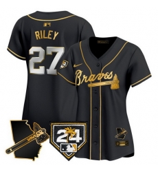 Women Atlanta Braves 27 Austin Riley Black Gold 2024 Spring Training 26 Georgia Patch Vapor Limited Stitched Baseball Jersey Women Atlanta Braves 27 Austin Riley Black Gold 2024 Spring Training 26 Georgia Patch Vapor Limited Stitched Baseball Jersey