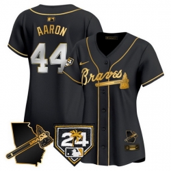 Women Atlanta Braves 44 Hank Aaron Black Gold 2024 Spring Training  26 Georgia Patch Vapor Limited Stitched Baseball Jersey 