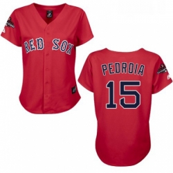 Womens Majestic Boston Red Sox 15 Dustin Pedroia Authentic Red 2018 World Series Champions MLB Jersey