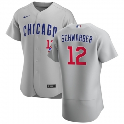 Men Chicago Cubs 12 Kyle Schwarber Men Nike Gray Road 2020 Flex Base Team Jersey