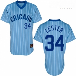 Mens Majestic Chicago Cubs 34 Jon Lester Replica BlueWhite Strip Cooperstown Throwback MLB Jersey