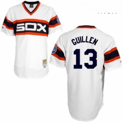 Mens Mitchell and Ness Chicago White Sox 13 Ozzie Guillen Replica White Throwback MLB Jersey