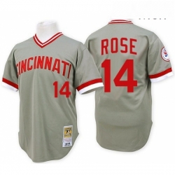 Mens Mitchell and Ness Cincinnati Reds 14 Pete Rose Replica Grey Throwback MLB Jersey