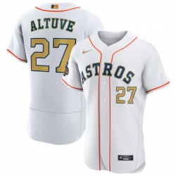 Men Houston Astros 27 Jose Altuve White 2023 Gold Collection With World Serise Champions Patch Stitched Baseball Jersey