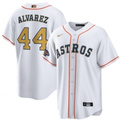 Men Houston Astros 44 Yordan Alvarez White 2023 Gold Collection With World Serise Champions Patch Cool Base Stitched Baseball Jersey