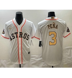 Mens Houston Astros #3 Jeremy Pena 2023 White Gold World Serise Champions Patch Cool Base Stitched Jersey