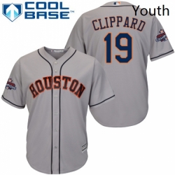 Youth Majestic Houston Astros 19 Tyler Clippard Replica Grey Road 2017 World Series Champions Cool Base MLB Jersey 