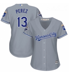 Womens Majestic Kansas City Royals 13 Salvador Perez Replica Grey Road Cool Base MLB Jersey