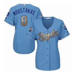 Womens Majestic Kansas City Royals 8 Mike Moustakas Authentic Light Blue 2015 World Series Champions Gold Program Cool Base MLB Jersey